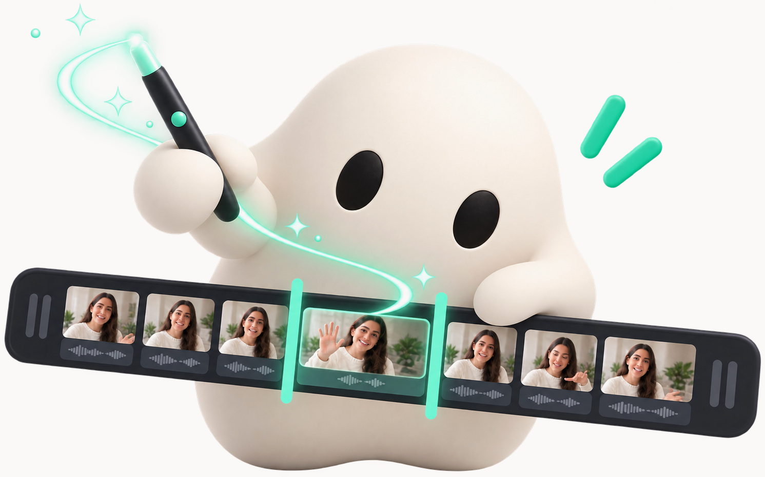 Zencut mascot waving a magic wand over a film strip of talking-head clips, highlighting the good parts